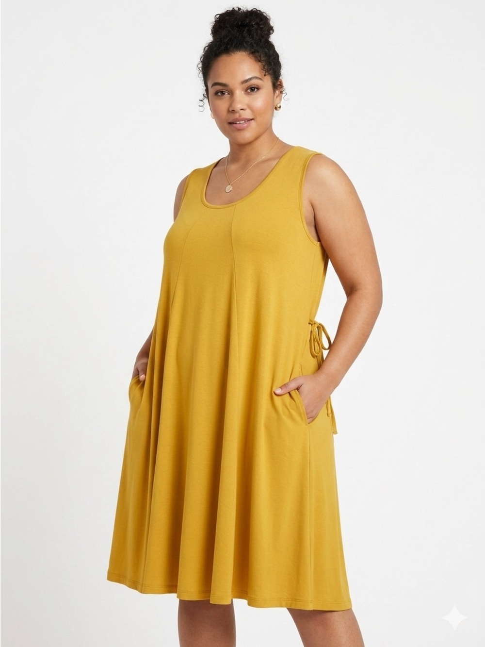 Papillon Mustard Yellow Sleeveless Swing Dress XXL Back Tie Pockets Viscose